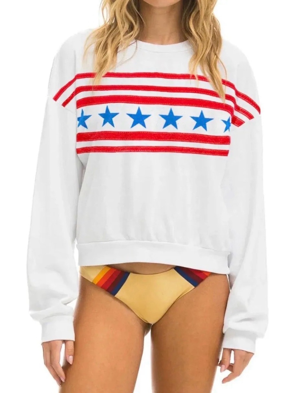 Aviator Nation Stars Relaxed Crew Sweatshirt  White USA Size L NIP